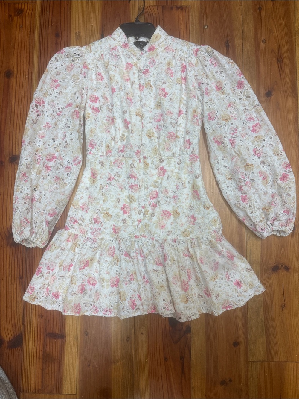 Bardot White Eyelet Dress with Pink & Gold Floral Print